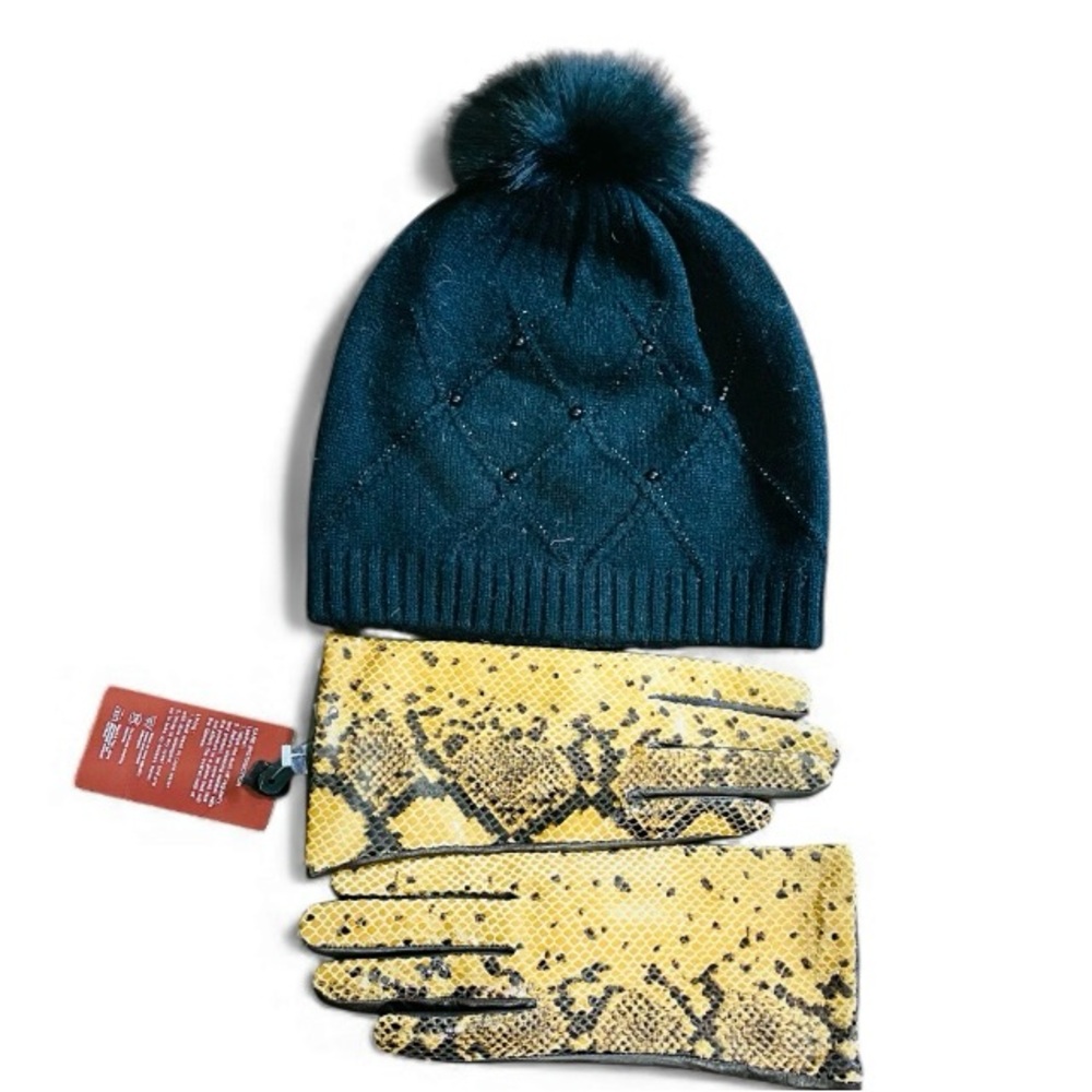 NEW Vera Wang Snake Wool|Cashmere Leather Gloves & Black 💯%Wool Bonnie Size OS|M